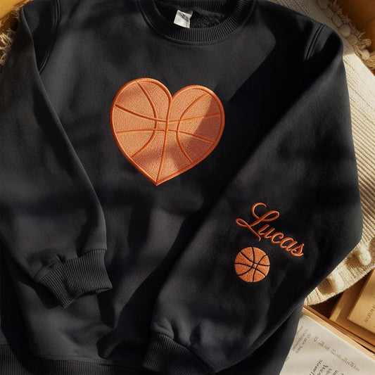 Personalized Basketball Lover Embroidered Sweatshirt, Basketball Heart Sweatshirt With Name, Custom Basketball Mom Hoodie, Game Day Mom Hoodie