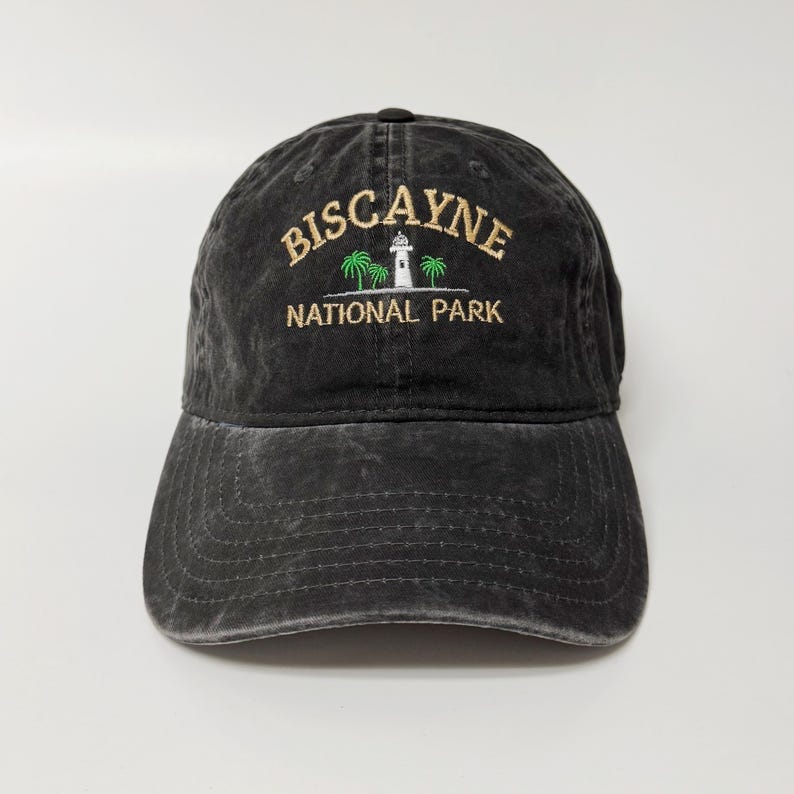 Biscayne National Park Embroidered Hat Vintage Style Adjustable Baseball Cap with Lighthouse and Palm Tree Design, Outdoor Adventure Gift