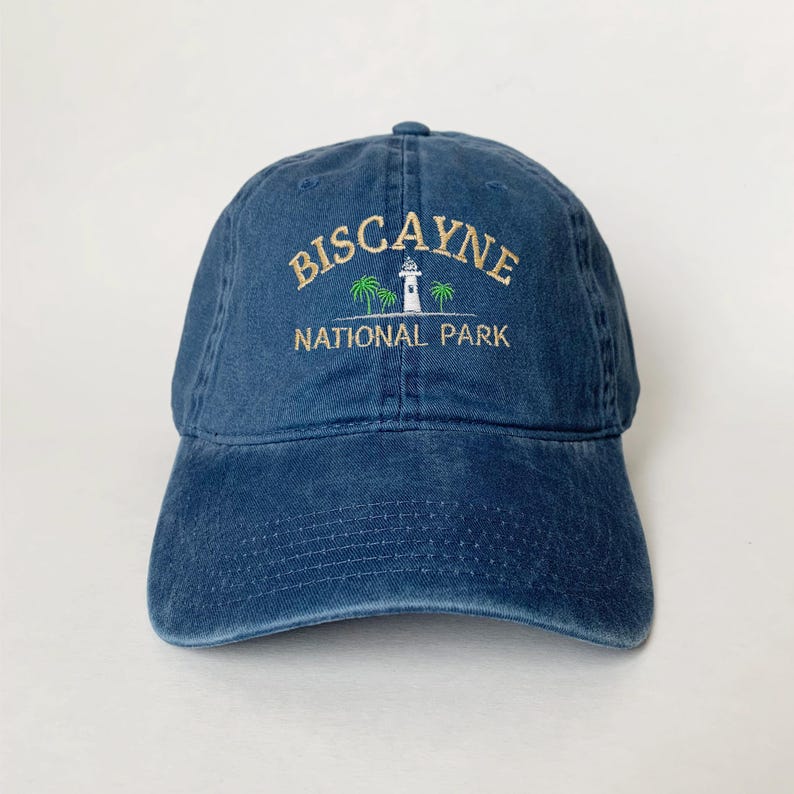Biscayne National Park Embroidered Hat Vintage Style Adjustable Baseball Cap with Lighthouse and Palm Tree Design, Outdoor Adventure Gift