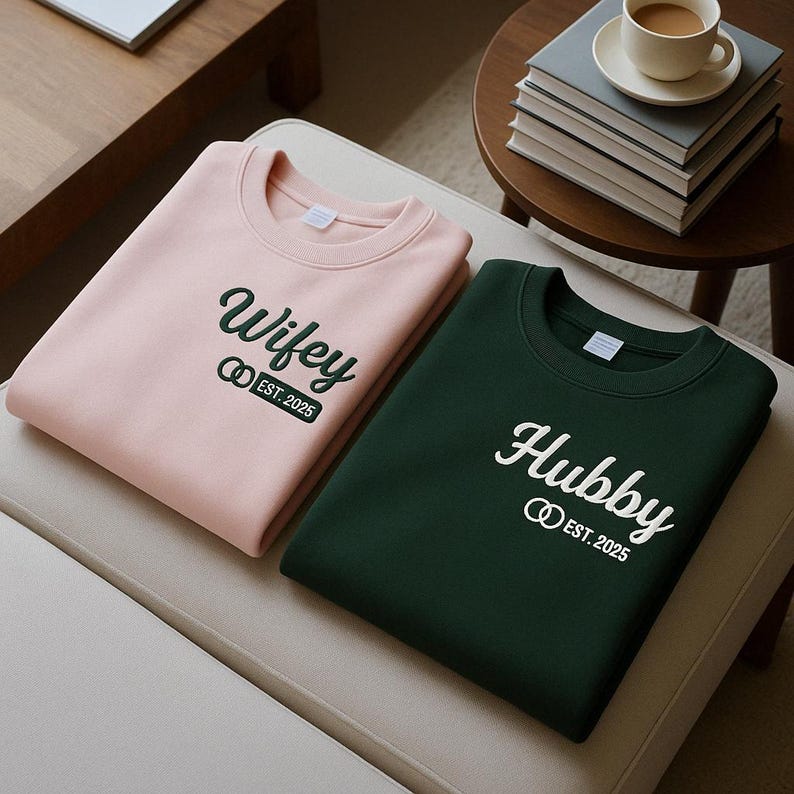 Wifey Hubby Embroidered Sweatshirt, Couples Embroidered Sweatshirts, Sweater For Couples Just Married, Custom EST Hoodie, Honeymoon Gift