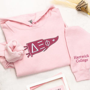 Custom Sorority Hoodie with Greek Letters Pennant, Embroidered Moms Day 2025 Gift, Graduation or Greek Life Crewneck for College Events