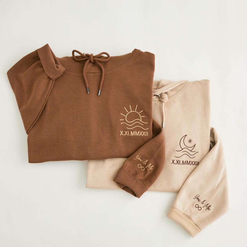 Personalized Couple Hoodie - Sweatshirt, Sun & Moon Embroidery, Custom Roman Numerals Sweatshirt, His and Hers Outfit, Wedding Gift, Anniversary Hoodie