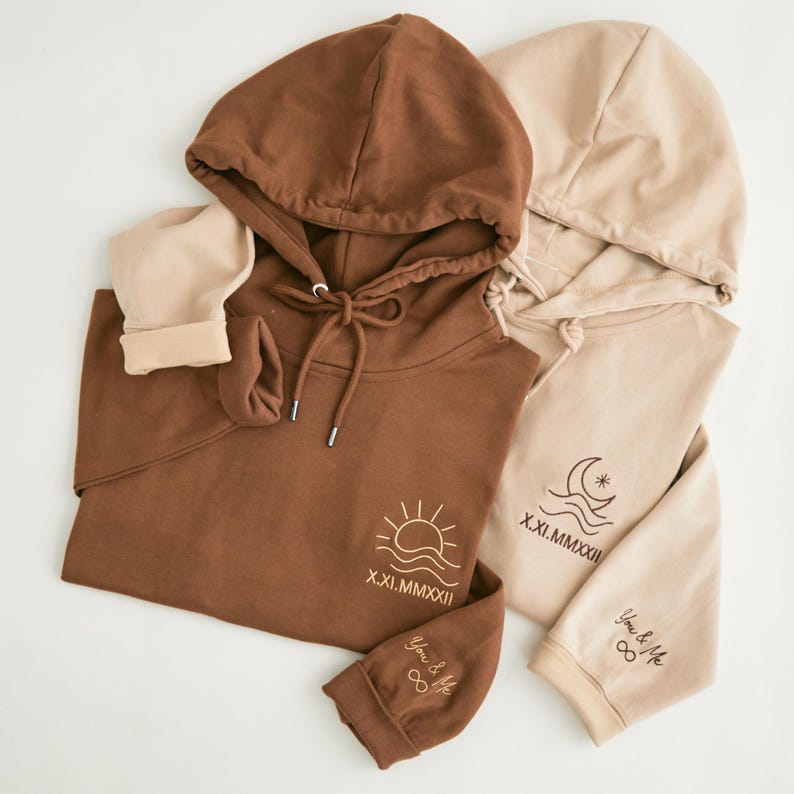 Personalized Couple Hoodie - Sweatshirt, Sun & Moon Embroidery, Custom Roman Numerals Sweatshirt, His and Hers Outfit, Wedding Gift, Anniversary Hoodie