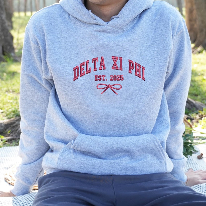 Personalized Sorority Hoodie for Girl's Trip, Coquette Bow Embroidery, Besties Gift, Matching Crewneck for College Friends