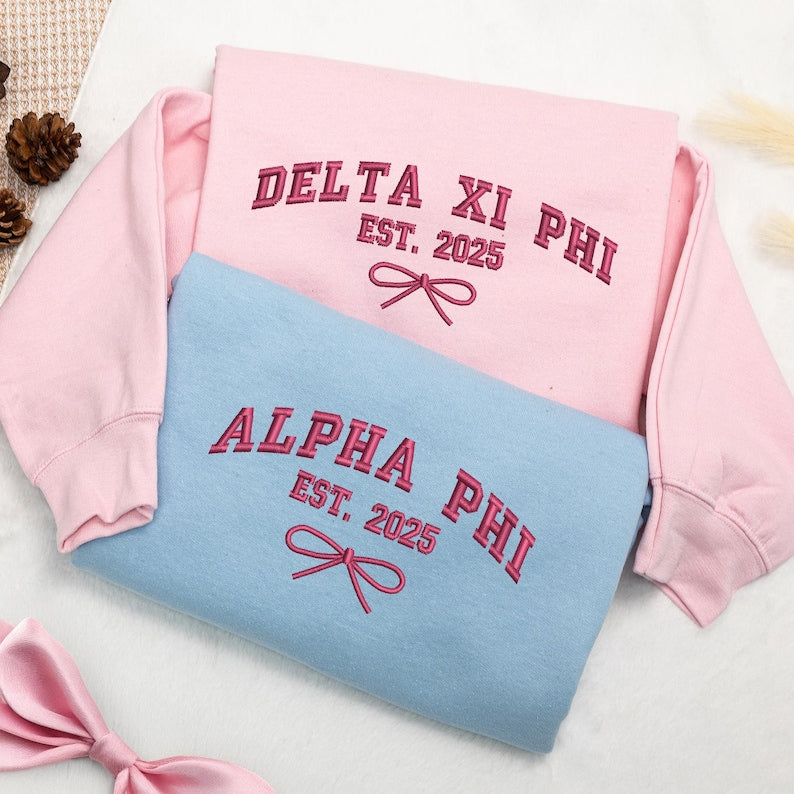 Personalized Sorority Hoodie for Girl's Trip, Coquette Bow Embroidery, Besties Gift, Matching Crewneck for College Friends