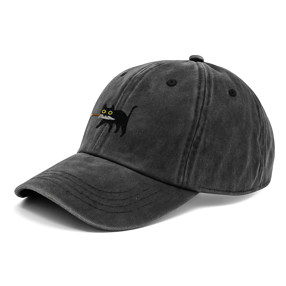Premium Black Cat Embroidered Dad Hat Stealthy Black Cat with Dagger Design Baseball Cap for Men & Women, Adjustable Classic Hat