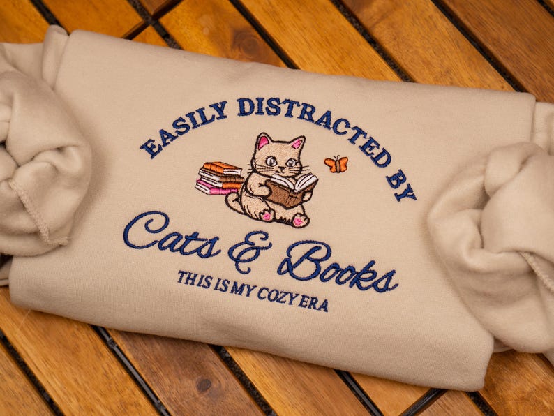 Cats and Books Embroidered Sweatshirt, Book Lover Crewneck, Cat Lover Gift, Funny Reading Sweater, Librarian Bookish Shirt