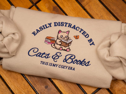 Cats and Books Embroidered Sweatshirt, Book Lover Crewneck, Cat Lover Gift, Funny Reading Sweater, Librarian Bookish Shirt