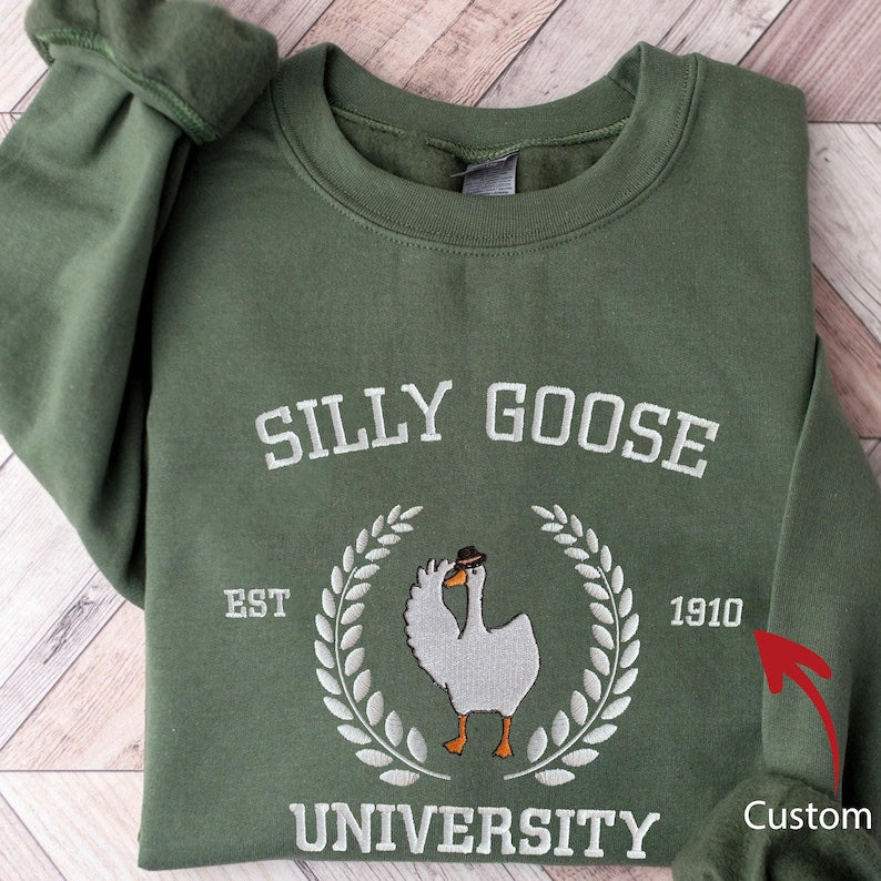 Embroidered Silly Goose University Sweatshirt Funny Goose Sweater, Vintage College Style Sweater, Cute Animal Lover Gift, Cozy Unisex Hoodie