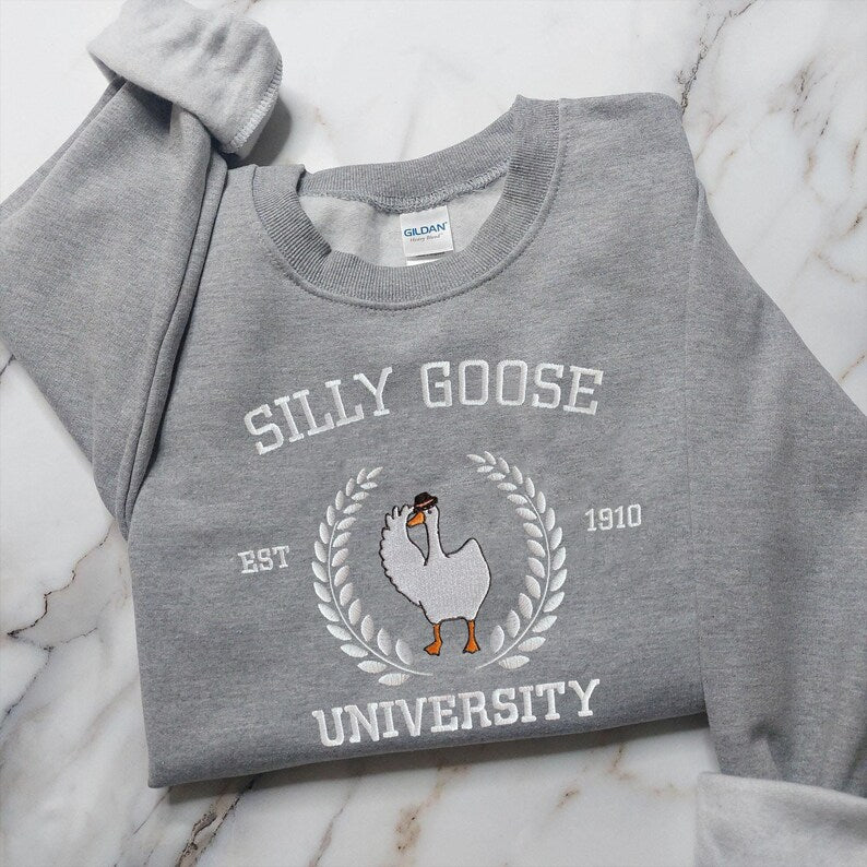 Embroidered Silly Goose University Sweatshirt Funny Goose Sweater, Vintage College Style Sweater, Cute Animal Lover Gift, Cozy Unisex Hoodie