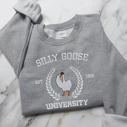 Embroidered Silly Goose University Sweatshirt Funny Goose Sweater, Vintage College Style Sweater, Cute Animal Lover Gift, Cozy Unisex Hoodie
