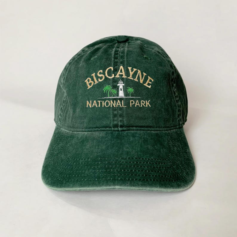 Biscayne National Park Embroidered Hat Vintage Style Adjustable Baseball Cap with Lighthouse and Palm Tree Design, Outdoor Adventure Gift