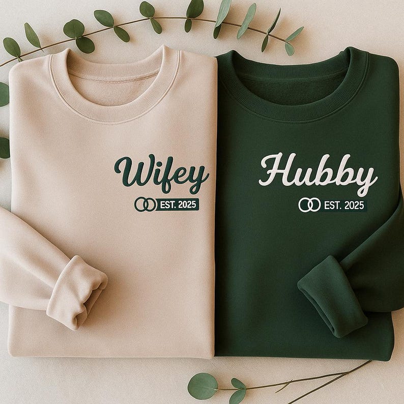 Wifey Hubby Embroidered Sweatshirt, Couples Embroidered Sweatshirts, Sweater For Couples Just Married, Custom EST Hoodie, Honeymoon Gift