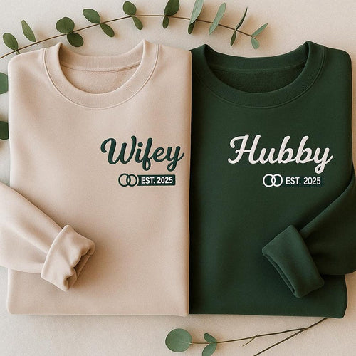 Wifey Hubby Embroidered Sweatshirt, Couples Embroidered Sweatshirts, Sweater For Couples Just Married, Custom EST Hoodie, Honeymoon Gift