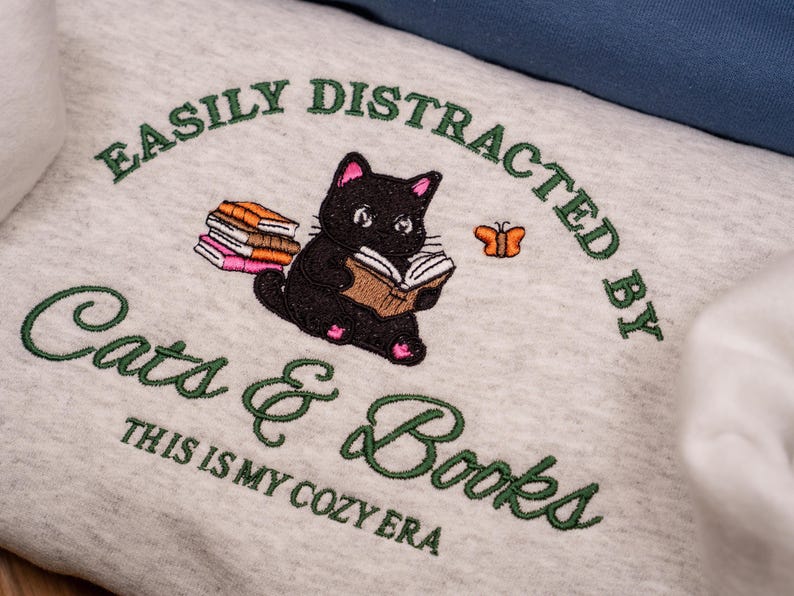Cats and Books Embroidered Sweatshirt, Book Lover Crewneck, Cat Lover Gift, Funny Reading Sweater, Librarian Bookish Shirt