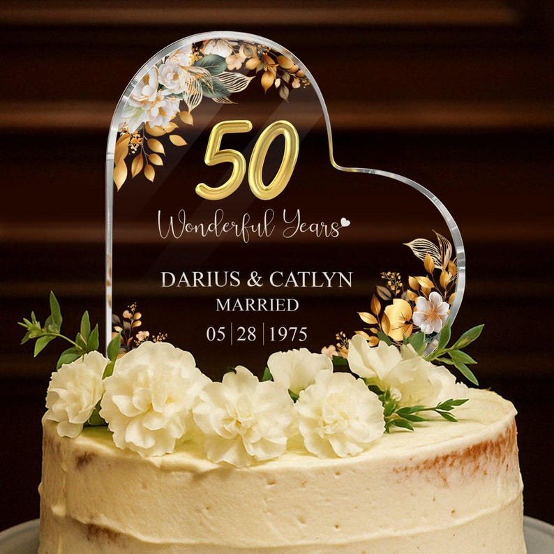 Personalized 50th Wedding Anniversary Cake Topper Heart Acrylic Plaque, Golden Anniversary Gifts, Gift For Parents, 50th Anniversary il_794xN.6846696552_mb9e.jpg