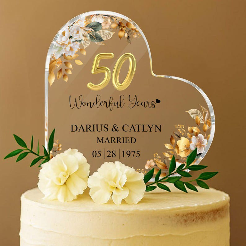Personalized 50th Wedding Anniversary Cake Topper Heart Acrylic Plaque, Golden Anniversary Gifts, Gift For Parents, 50th Anniversary il_794xN.6846696632_r3q1.jpg