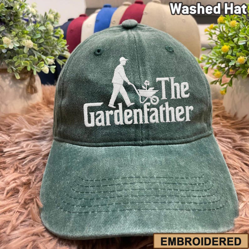 Embroidered The Gardenfather Washed Hat, Plant Daddy Hat, Botanical Dad Baseball Cap, Gardening Gift For Him, Funny Nature Embroidery Hat