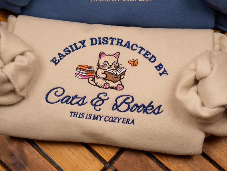 Cats and Books Embroidered Sweatshirt, Book Lover Crewneck, Cat Lover Gift, Funny Reading Sweater, Librarian Bookish Shirt