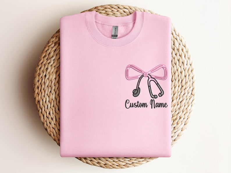 Custom Nurse Sweatshirt with Embroidered Bow & Stethoscope Personalized Gift for Nurses, Doctors and Healthcare Workers