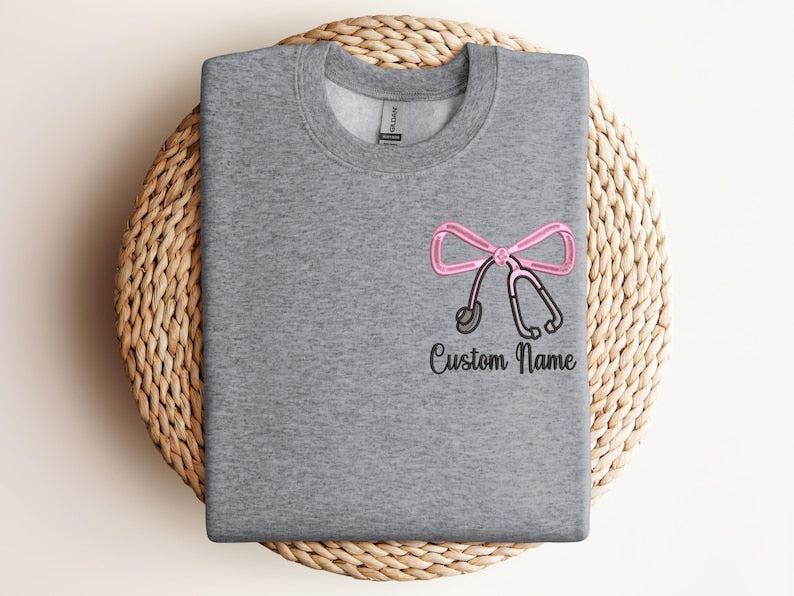 Custom Nurse Sweatshirt with Embroidered Bow & Stethoscope Personalized Gift for Nurses, Doctors and Healthcare Workers