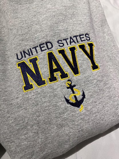 Embroidered US Navy Sweatshirt with Anchor Military Pride Pullover Navy Veteran Gift Patriotic Crewneck Unisex Armed Forces Sweater
