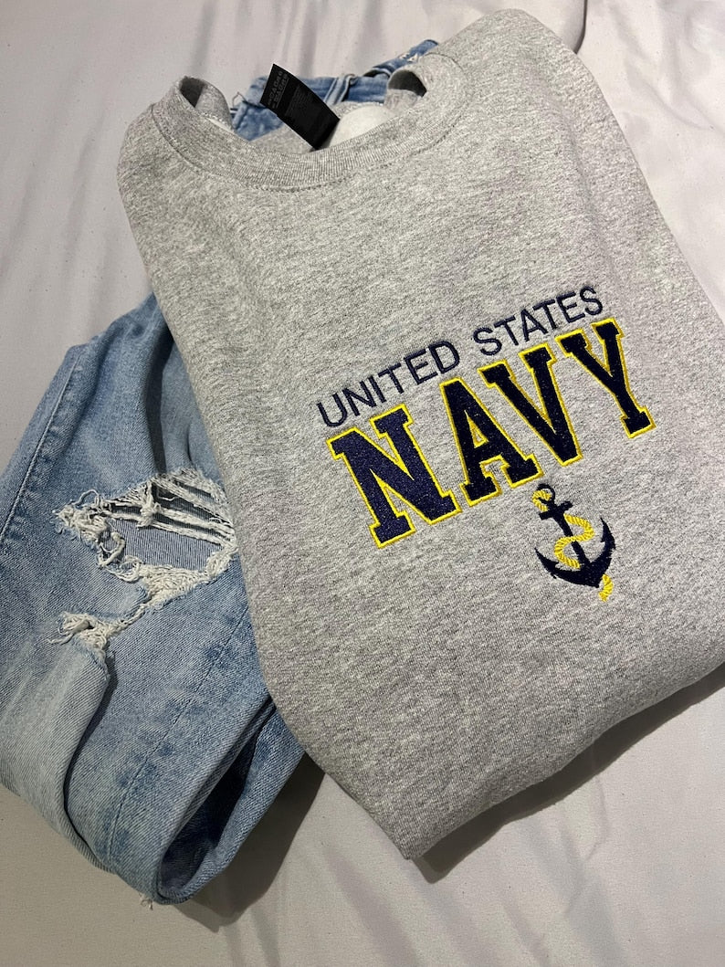 Embroidered US Navy Sweatshirt with Anchor Military Pride Pullover Navy Veteran Gift Patriotic Crewneck Unisex Armed Forces Sweater