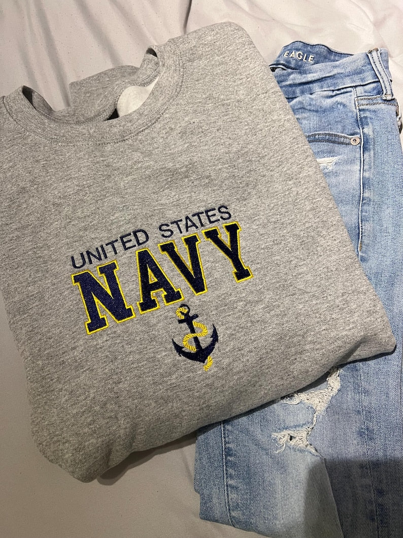 Embroidered US Navy Sweatshirt with Anchor Military Pride Pullover Navy Veteran Gift Patriotic Crewneck Unisex Armed Forces Sweater