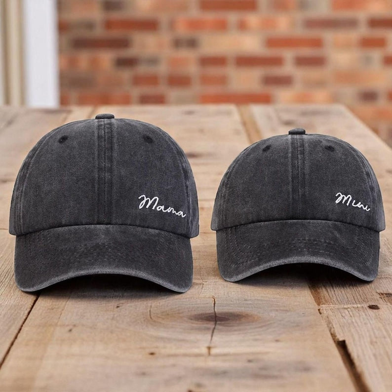 Matching Mama and Mini Distressed Baseball Caps Cute Embroidered Mom and Child Hats, Adjustable Vintage Dad Hat Style Gift for Mother and Daughter