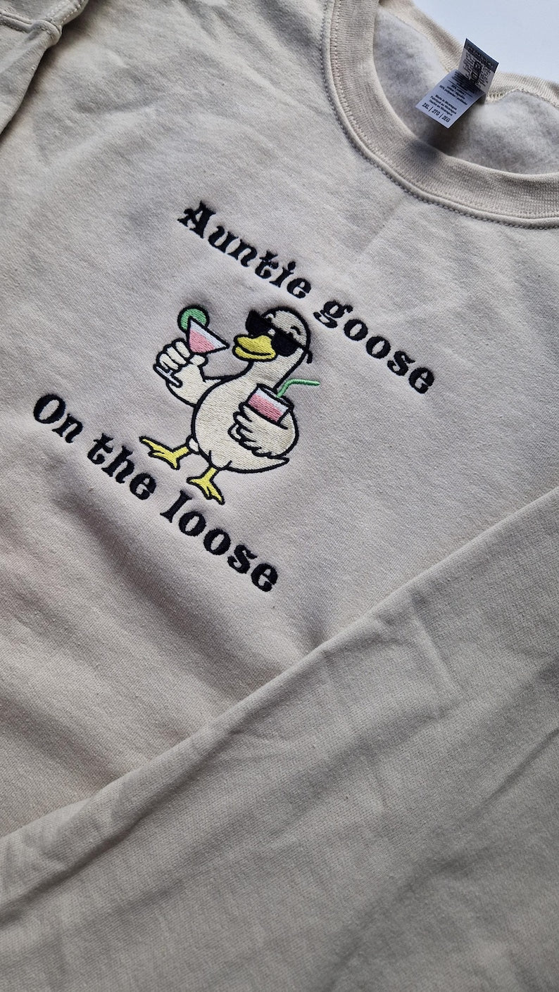 Funny Auntie Hoodie Auntie Goose On the Loose Embroidered Goose Sweatshirt Cool Aunt Gift Funny Brunch Shirt Quirky Aunt Outfit