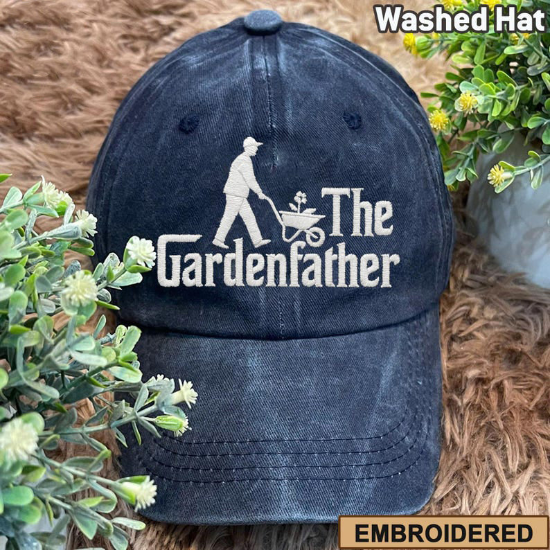 Embroidered The Gardenfather Washed Hat, Plant Daddy Hat, Botanical Dad Baseball Cap, Gardening Gift For Him, Funny Nature Embroidery Hat