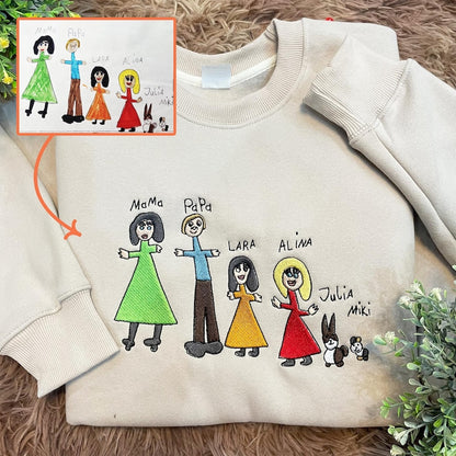 Custom Kids Drawing Sweatshirt, Personalized Family Portrait Embroidered Sweater, Unique Gift from Child s Artwork, Custom Mom Dad and Pet Illustration Jumper