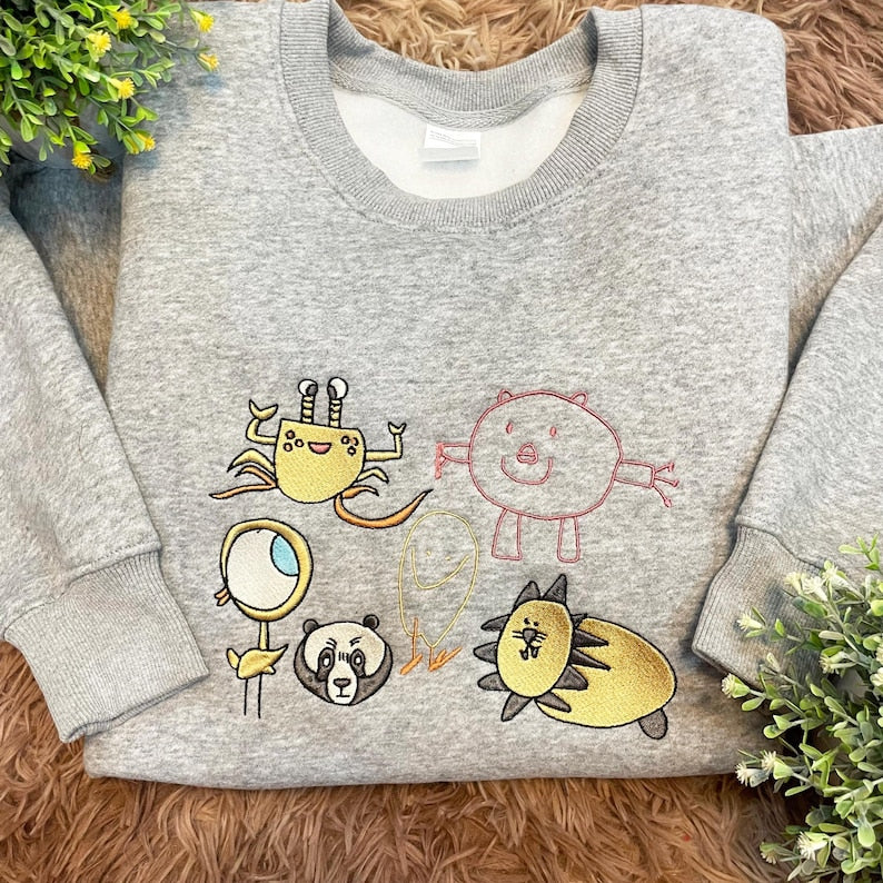 Custom Kids Drawing Sweatshirt, Personalized Family Portrait Embroidered Sweater, Unique Gift from Child s Artwork, Custom Mom Dad and Pet Illustration Jumper