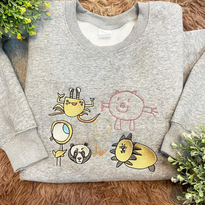 Custom Kids Drawing Sweatshirt, Personalized Family Portrait Embroidered Sweater, Unique Gift from Child s Artwork, Custom Mom Dad and Pet Illustration Jumper