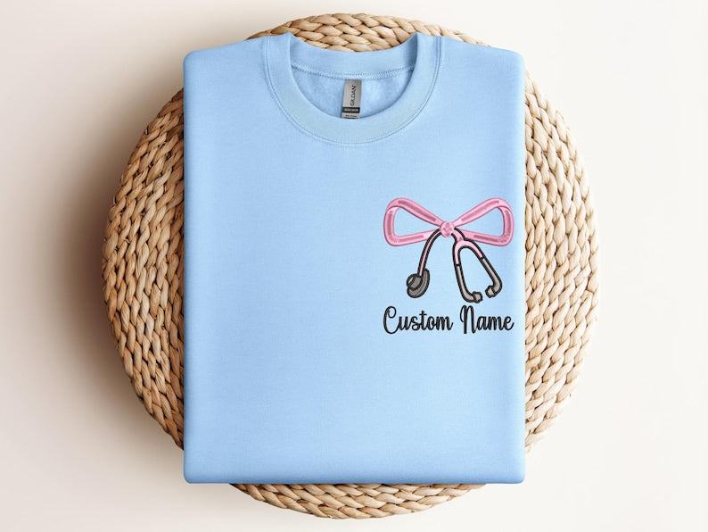 Custom Nurse Sweatshirt with Embroidered Bow & Stethoscope Personalized Gift for Nurses, Doctors and Healthcare Workers