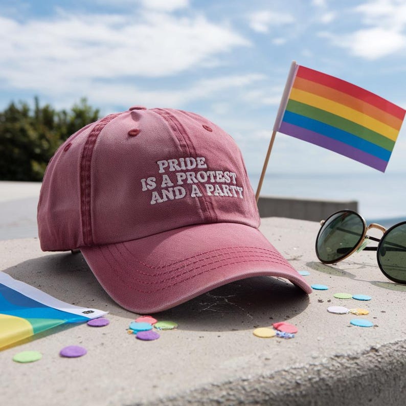 Embroidered Pride Is A Protest And A Party Washed Hat, Pride Month Gifts, LGBTQ Cap, Pride Hat, Pride Month Cap, Gay Gifts, Lesbian, Trans