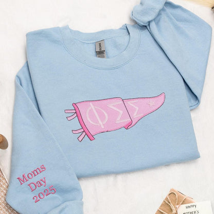 Custom Sorority Hoodie with Greek Letters Pennant, Embroidered Moms Day 2025 Gift, Graduation or Greek Life Crewneck for College Events