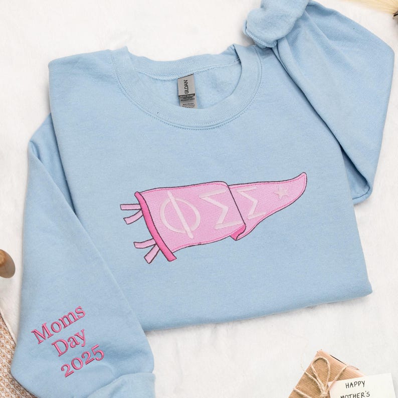 Custom Sorority Hoodie with Greek Letters Pennant, Embroidered Moms Day 2025 Gift, Graduation or Greek Life Crewneck for College Events