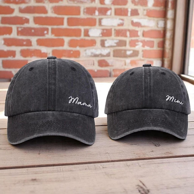 Matching Mama and Mini Distressed Baseball Caps Cute Embroidered Mom and Child Hats, Adjustable Vintage Dad Hat Style Gift for Mother and Daughter