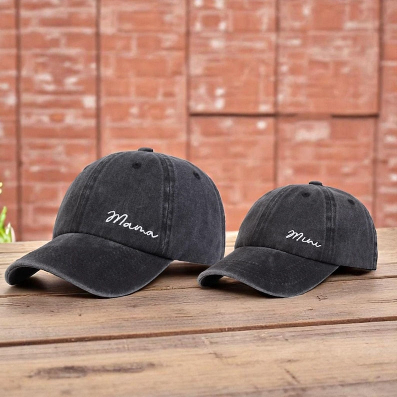 Matching Mama and Mini Distressed Baseball Caps Cute Embroidered Mom and Child Hats, Adjustable Vintage Dad Hat Style Gift for Mother and Daughter