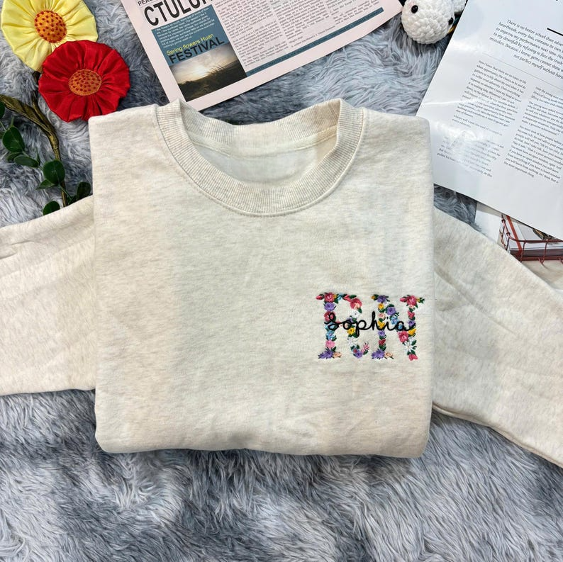 Embroidered Floral RN Nurse Sweatshirt, Custom Nurse Hoodie, Personalized Nurse Lover Gift, Nurse Outfit, RN Nursing Graduation Gift for Her