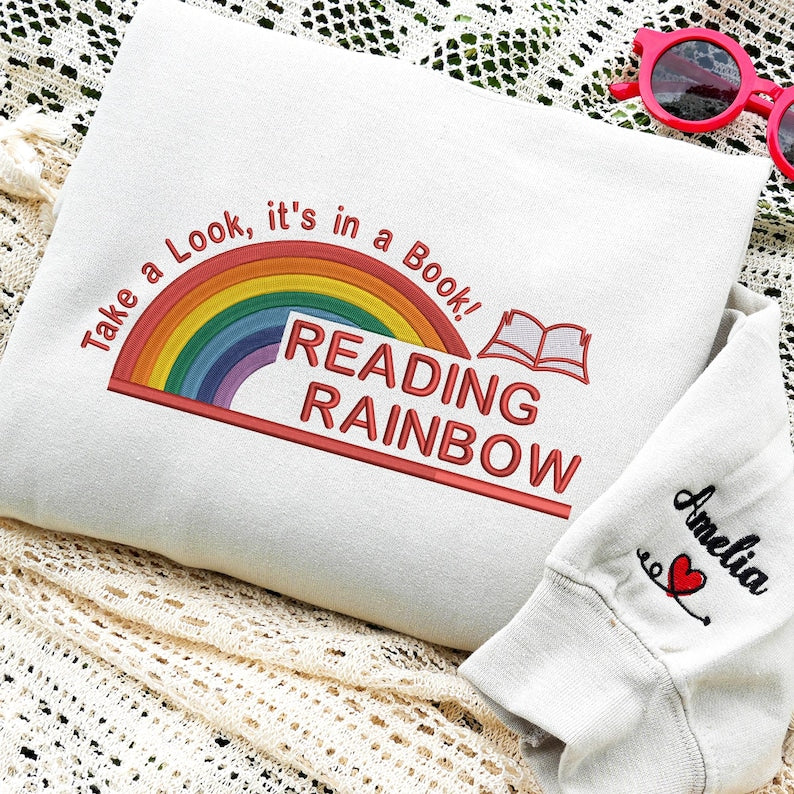 Embroidered Reading Rainbow Sweatshirt | Take A Look It's In A Book Shirt | Book Lover Gift | Custom Reading Shirt | Teacher Gift