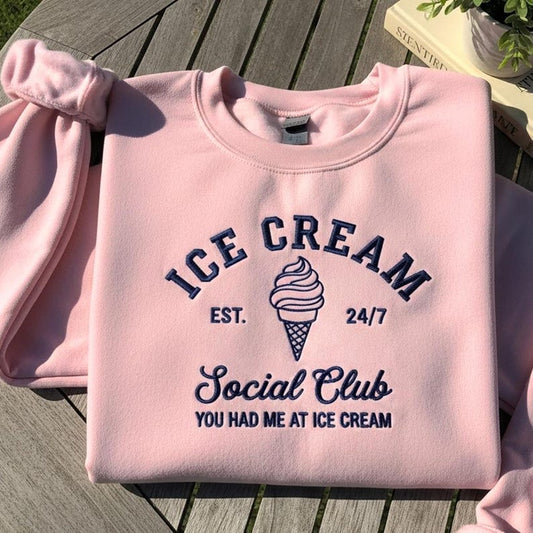 Ice Cream Social Club Embroidered Sweatshirt, Trendy Summer Shirt, Ice Cream Lovers Tee, Watercolor Ice Cream Hoodie, Gift For Her