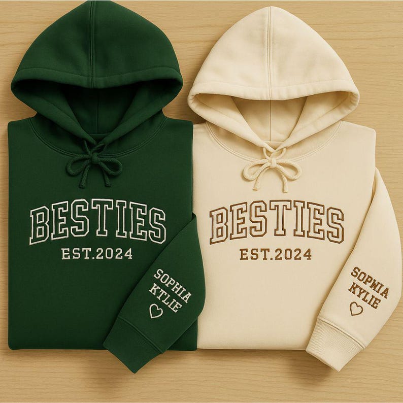 Custom Besties Hoodie Embroidered Sweatshirt with Names & Year Matching Friendship Hoodies Gift for Best Friends