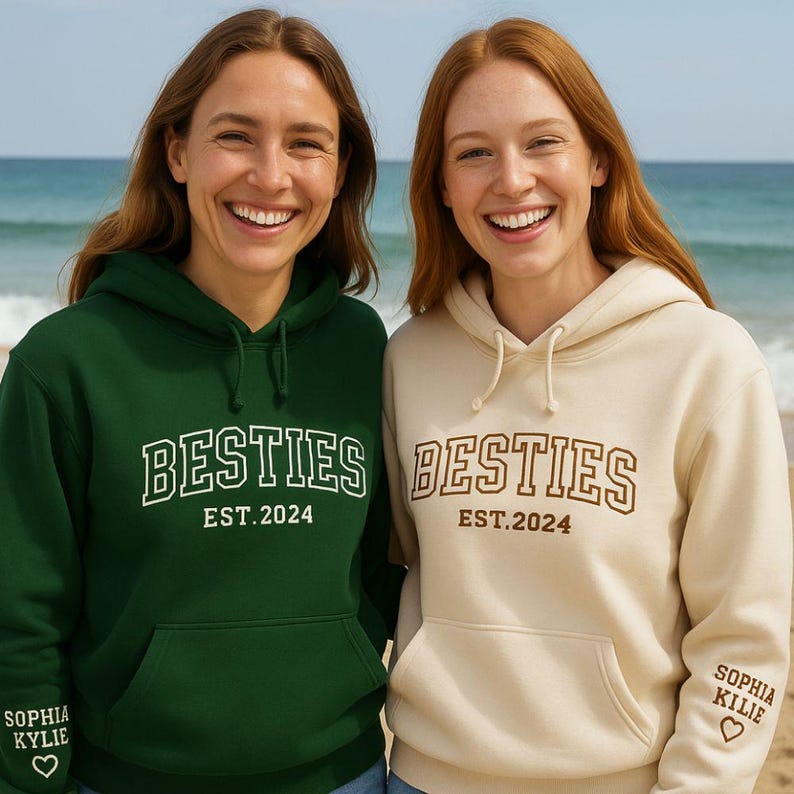 Custom Besties Hoodie Embroidered Sweatshirt with Names & Year Matching Friendship Hoodies Gift for Best Friends