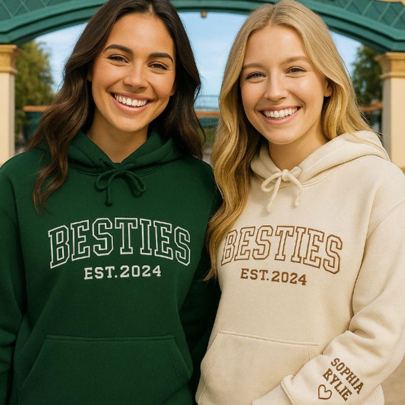 Custom Besties Hoodie Embroidered Sweatshirt with Names & Year Matching Friendship Hoodies Gift for Best Friends
