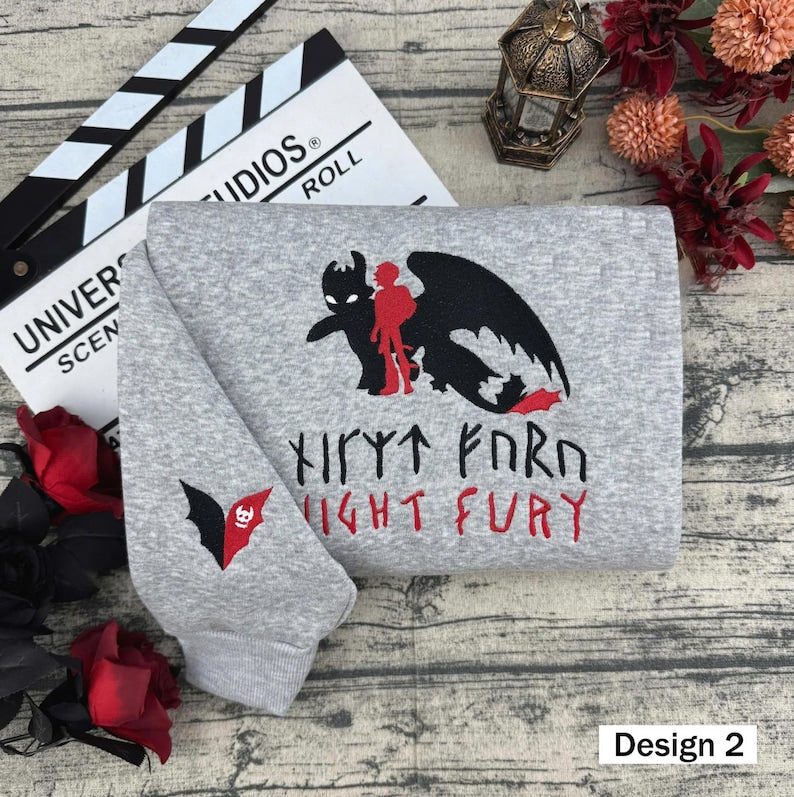 The Night Fury Dragon HTTYD Embroidered T-Shirt, How To Train Dragon Matching Sweater,Dragon Trainer Disney Embroidery Hoodie