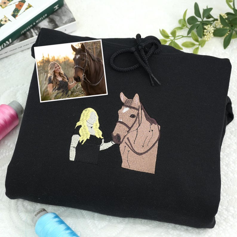 Custom Embroidered Portrait Sweatshirt From Photo - Personalized Horse Portrait Hoodie - Horse Riding Sweatshirt - Gift for Horse Lover