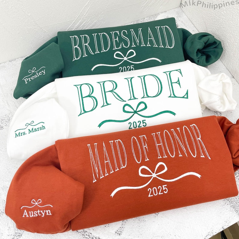 Custom Bride/Maid of Honor/Bridesmaid Embroidered Sweatshirt, Bridal Party Merch,Bridal Shower Favors, Bachelorette Party Gift, Wedding Gift