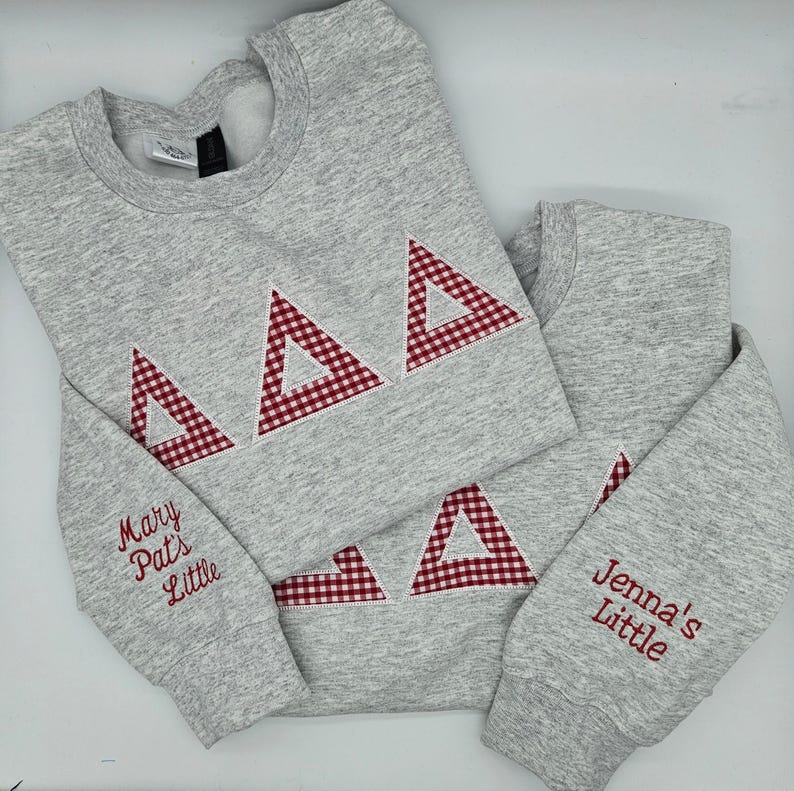 Gingham Sorority Letters Embroidered sweatshirt, hoodie. Delta Delta Delta, Chapter sweatshirt. Big Little shirts. Delta Gamma.